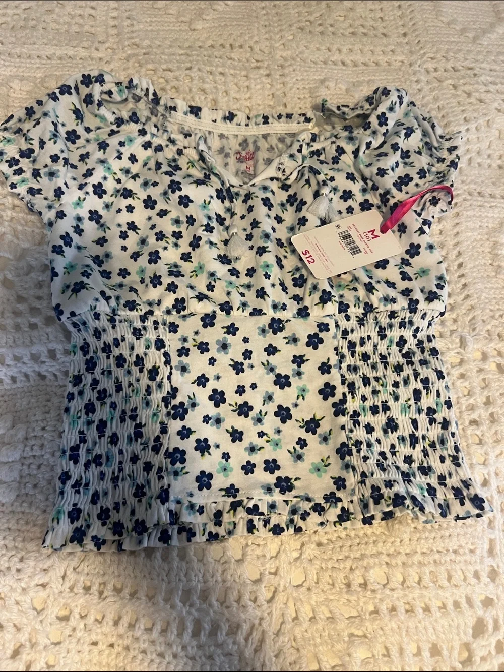 Justice White Floral Peasant Top with Navy & Teal Flowers